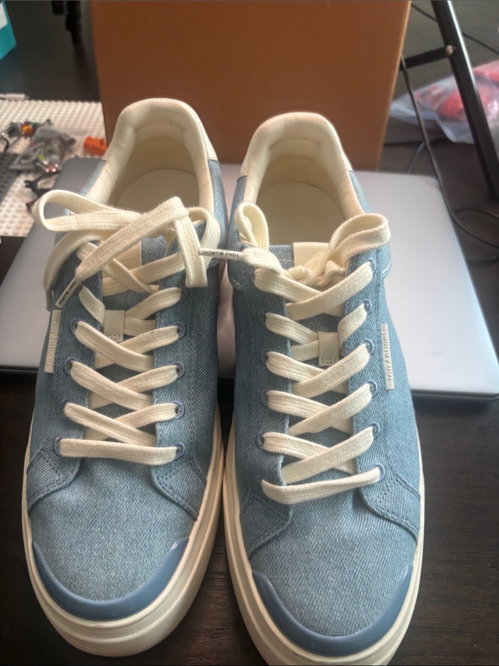 Tory Burch Light Blue Denim Low-Top Sneakers with Cream Laces